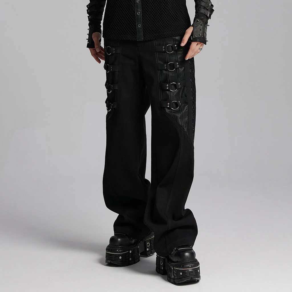 WK-660XCM Mens Gothic Black Strap Buckle Wide Leg Punk Pants