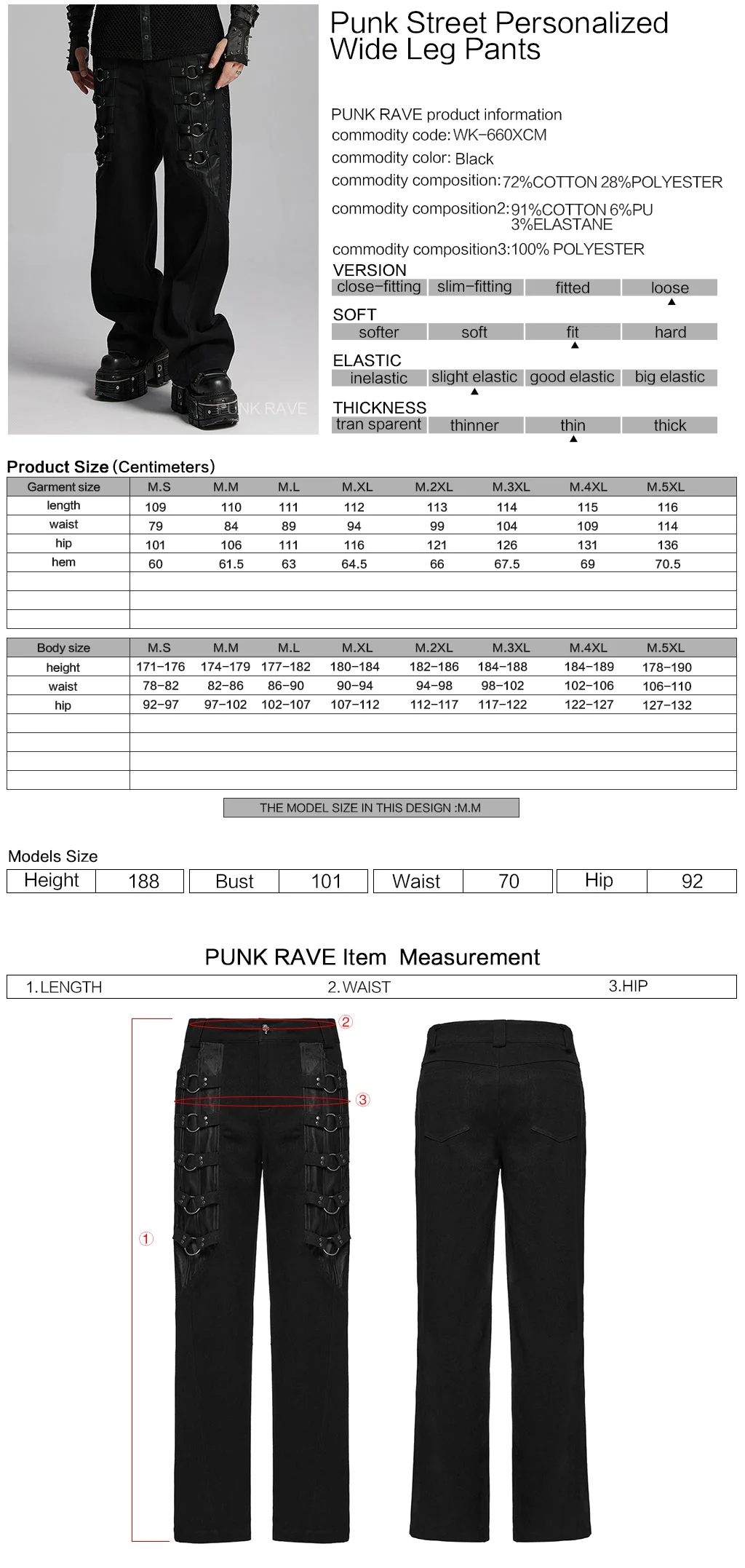 WK-660XCM Mens Gothic Black Strap Buckle Wide Leg Punk Pants - Image 2