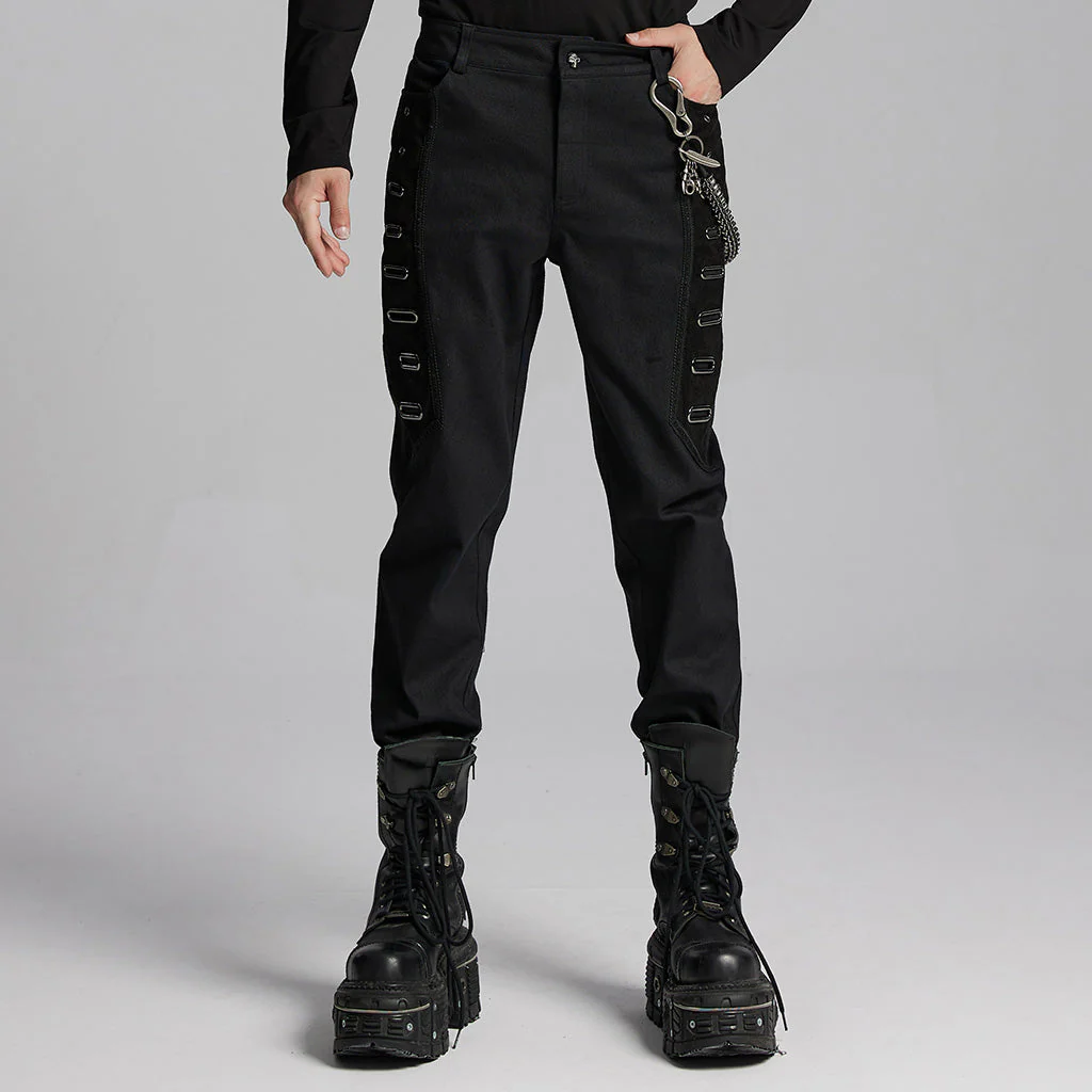 WK-663XCM Edgy Chain-Accent Black Punk Pants with Buckle Details