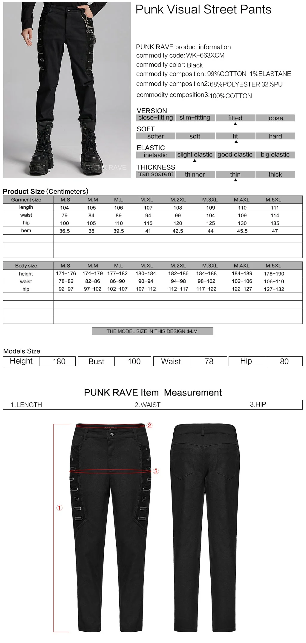 WK-663XCM Edgy Chain-Accent Black Punk Pants with Buckle Details - Image 2