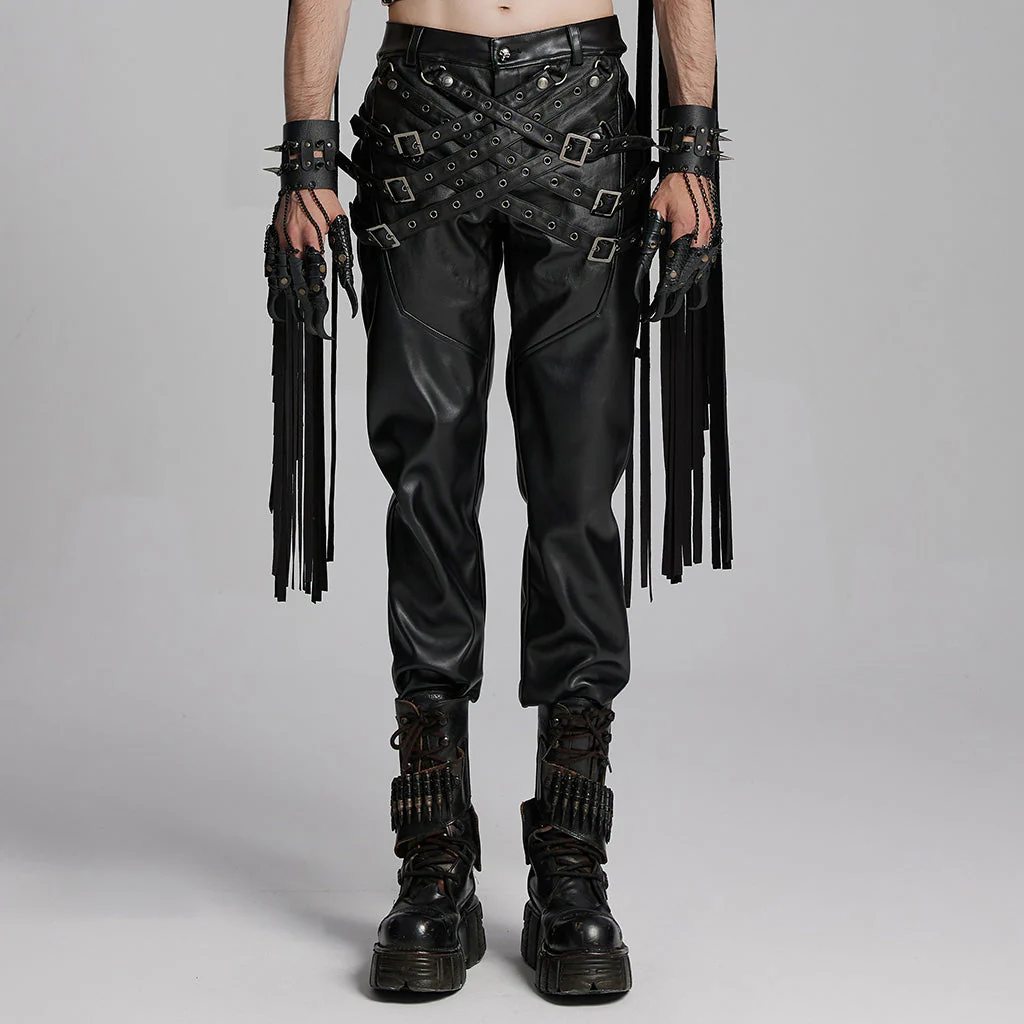 WK-672PCM Gothic Leather Strap Buckled Punk Pants with Fringe Detail - Image 11