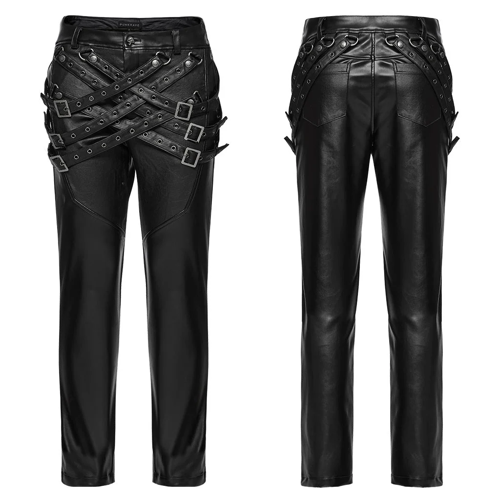 WK-672PCM Gothic Leather Strap Buckled Punk Pants with Fringe Detail - Image 25