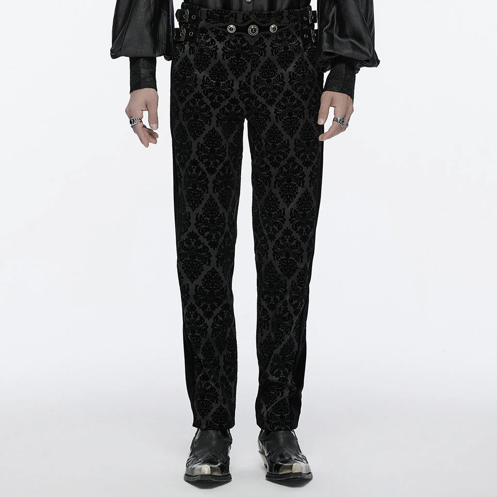 WK-673XCM Gothic Pants Velvet Damask Print Retro Embellished Trim Design - Image 11