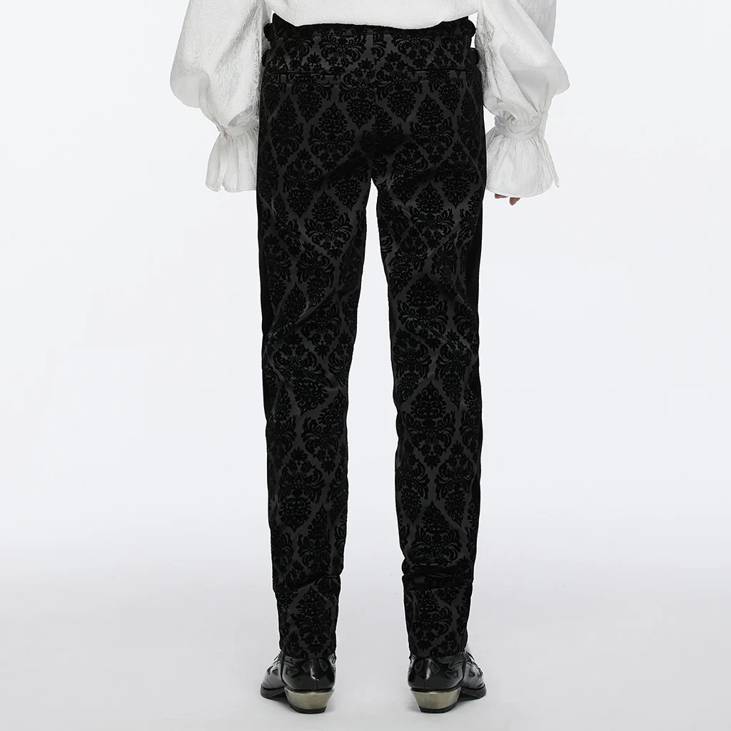 WK-673XCM Gothic Pants Velvet Damask Print Retro Embellished Trim Design - Image 4