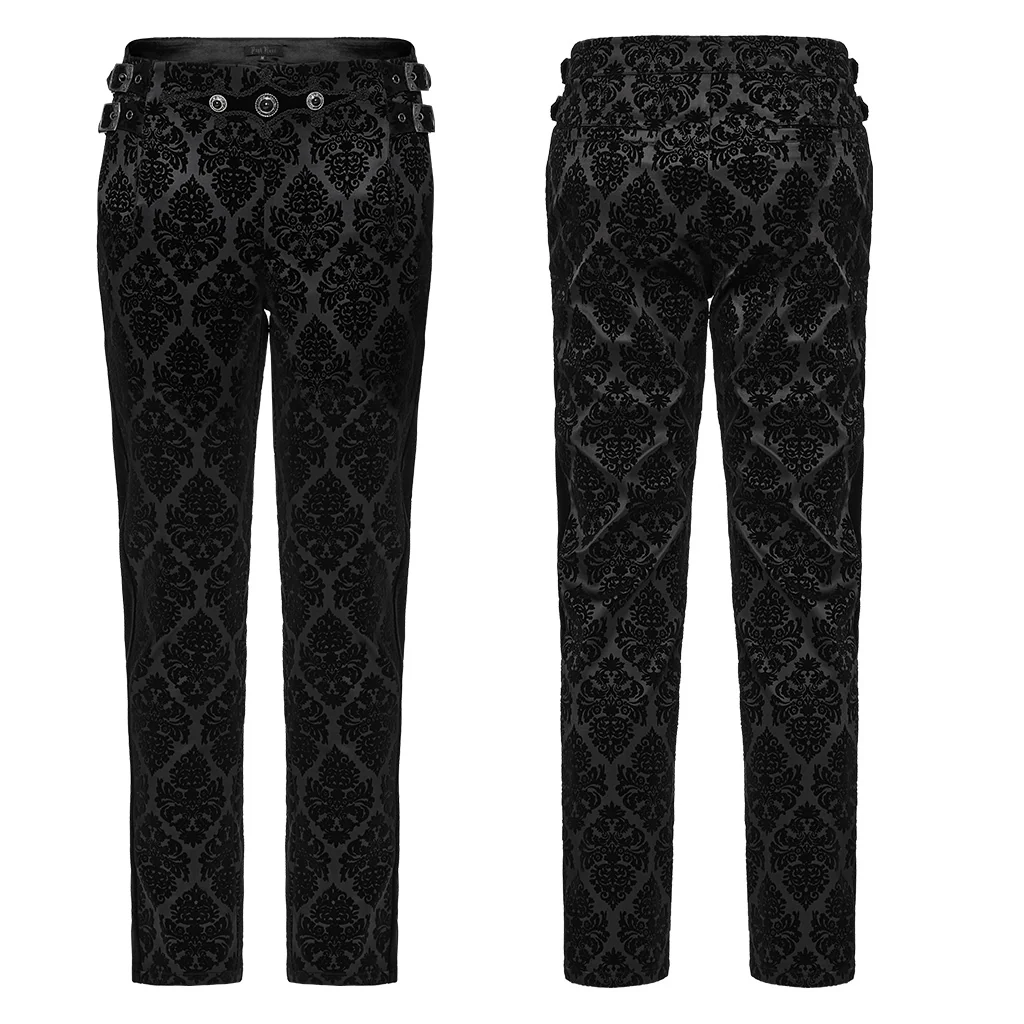 WK-673XCM Gothic Pants Velvet Damask Print Retro Embellished Trim Design - Image 6