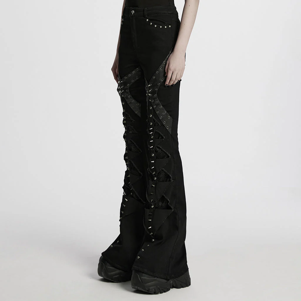 WK-679DQF Edgy Studded Flare Gothic Punk Pants with Lace Details - Image 14