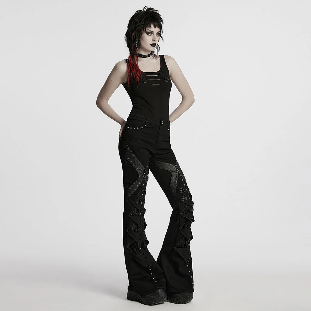 WK-679DQF Edgy Studded Flare Gothic Punk Pants with Lace Details - Image 25