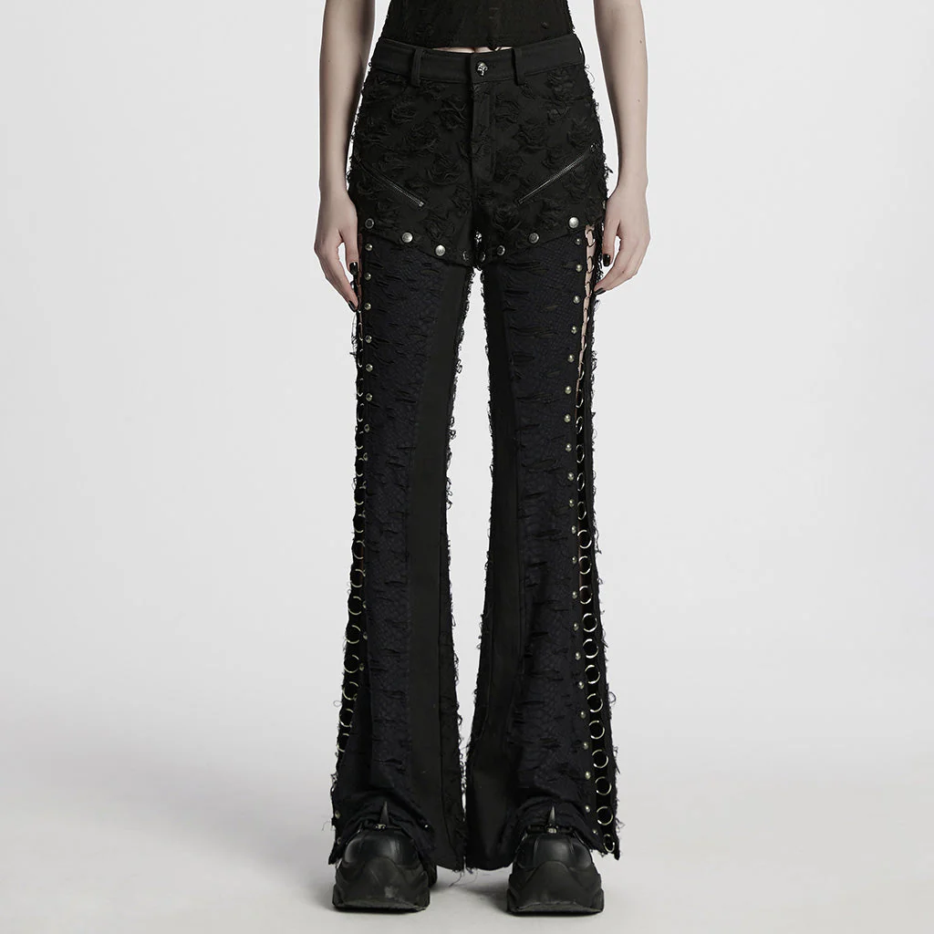 WK-680XCF Gothic Lace Up Flared Punk Pants Stud Accents - Image 21