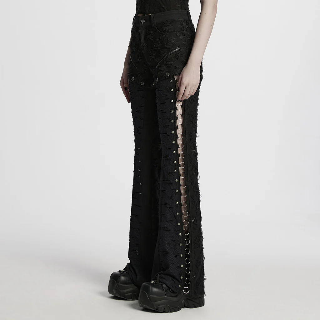 WK-680XCF Gothic Lace Up Flared Punk Pants Stud Accents - Image 3