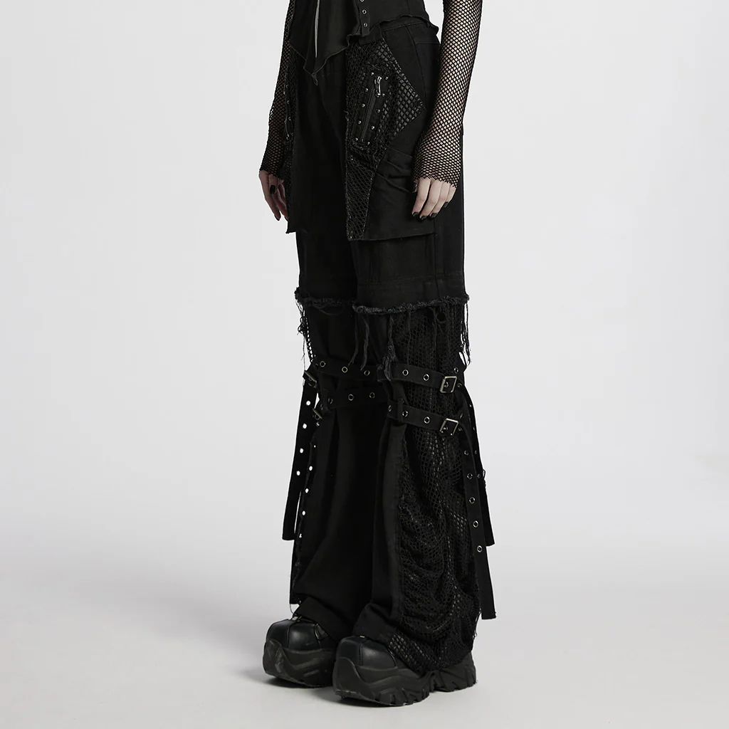 WK-694NCF Edgy Punk Pants with Buckles and Mesh Details - Image 3