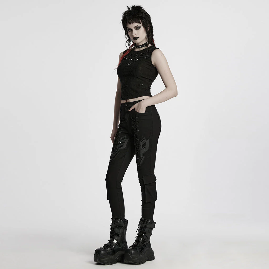 WK-703NCF Gothic Lace-Up Punk Pants with Ribbed Panel Accents - Image 15