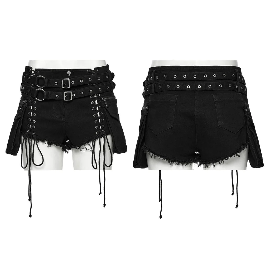WK-705NDF Edgy Lace-Up Belted Punk Pants Shorts Gothic Style - Image 21