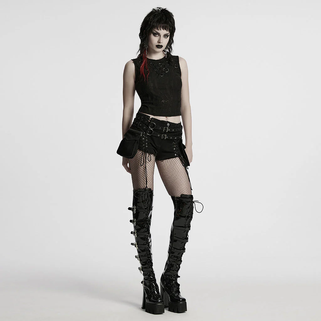 WK-705NDF Edgy Lace-Up Belted Punk Pants Shorts Gothic Style - Image 25