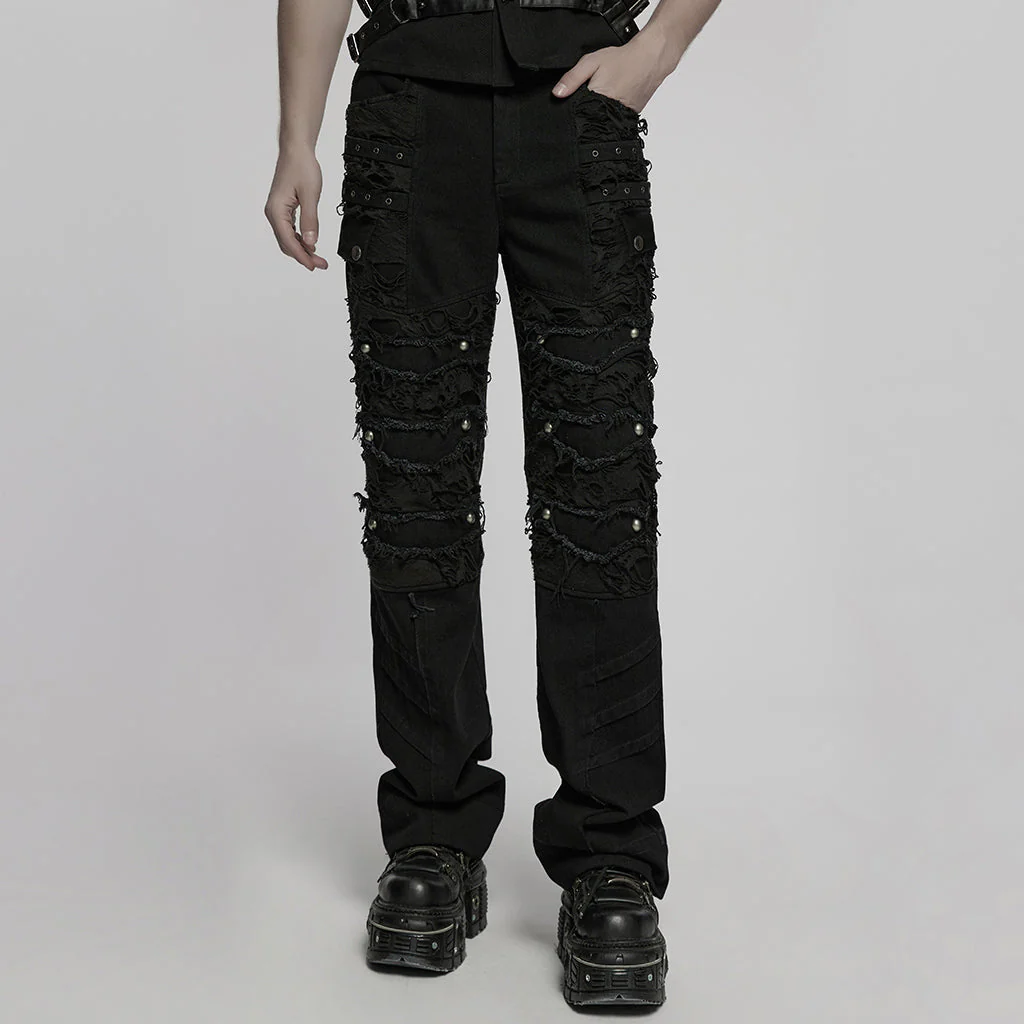 WK-707XCM Edgy Distressed Black Punk Pants with Strap Details - Image 20
