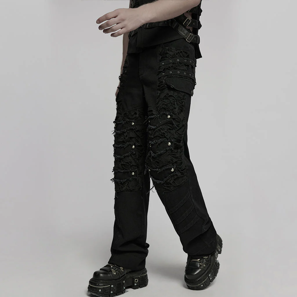 WK-707XCM Edgy Distressed Black Punk Pants with Strap Details - Image 22