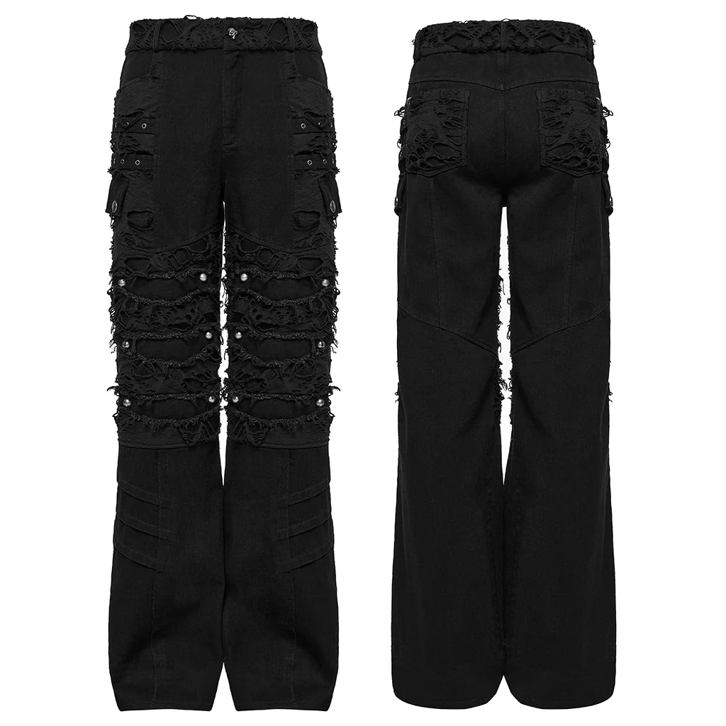 WK-707XCM Edgy Distressed Black Punk Pants with Strap Details - Image 25
