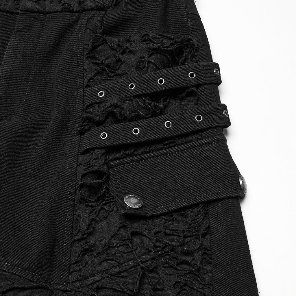 WK-707XCM Edgy Distressed Black Punk Pants with Strap Details - Image 27