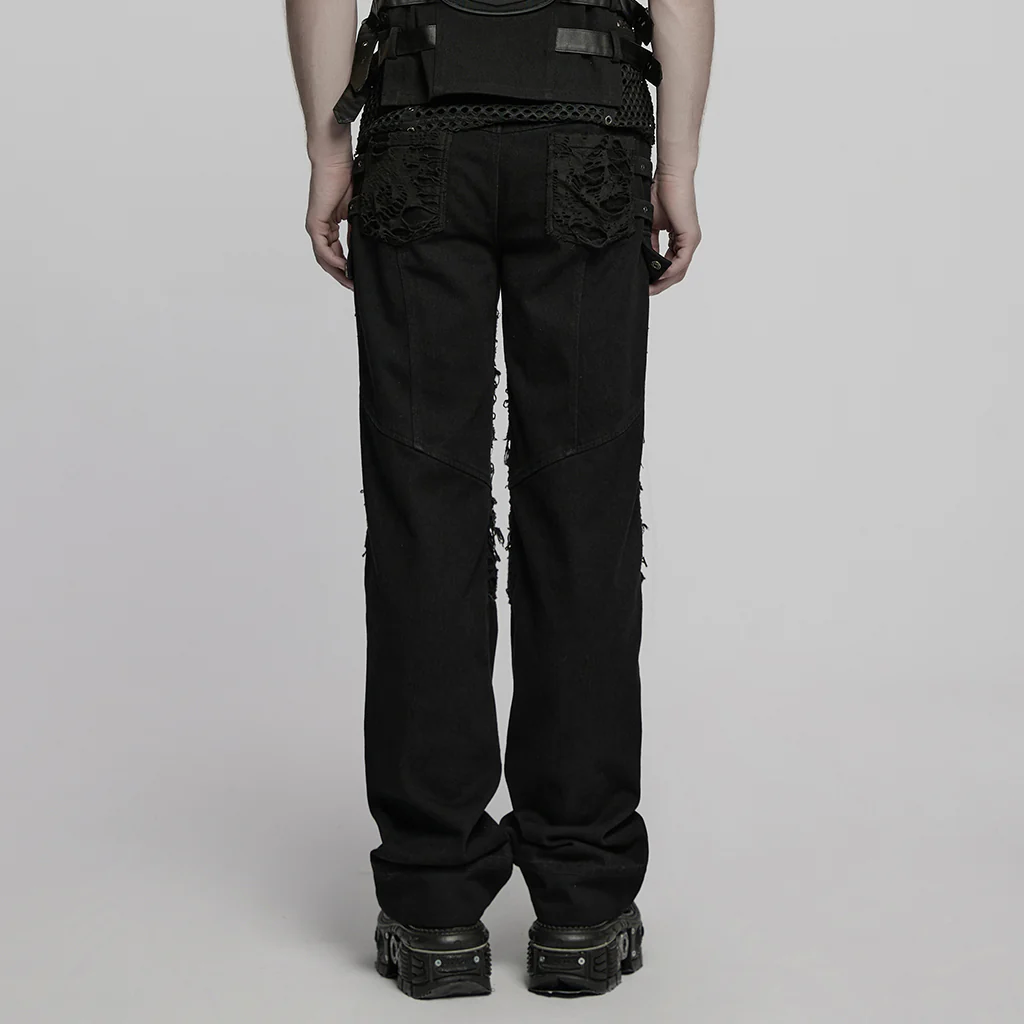 WK-707XCM Edgy Distressed Black Punk Pants with Strap Details - Image 4