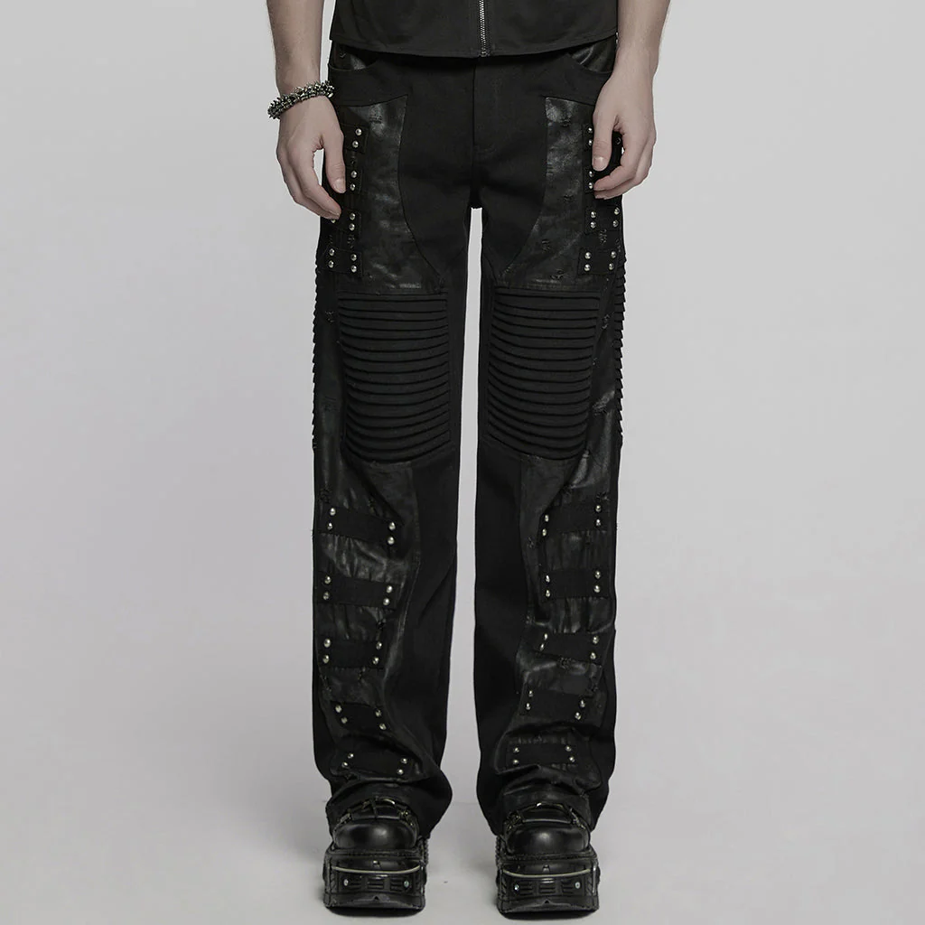 WK-713XCM Mens Gothic Punk Pants with Studded Leather Panels - Image 11