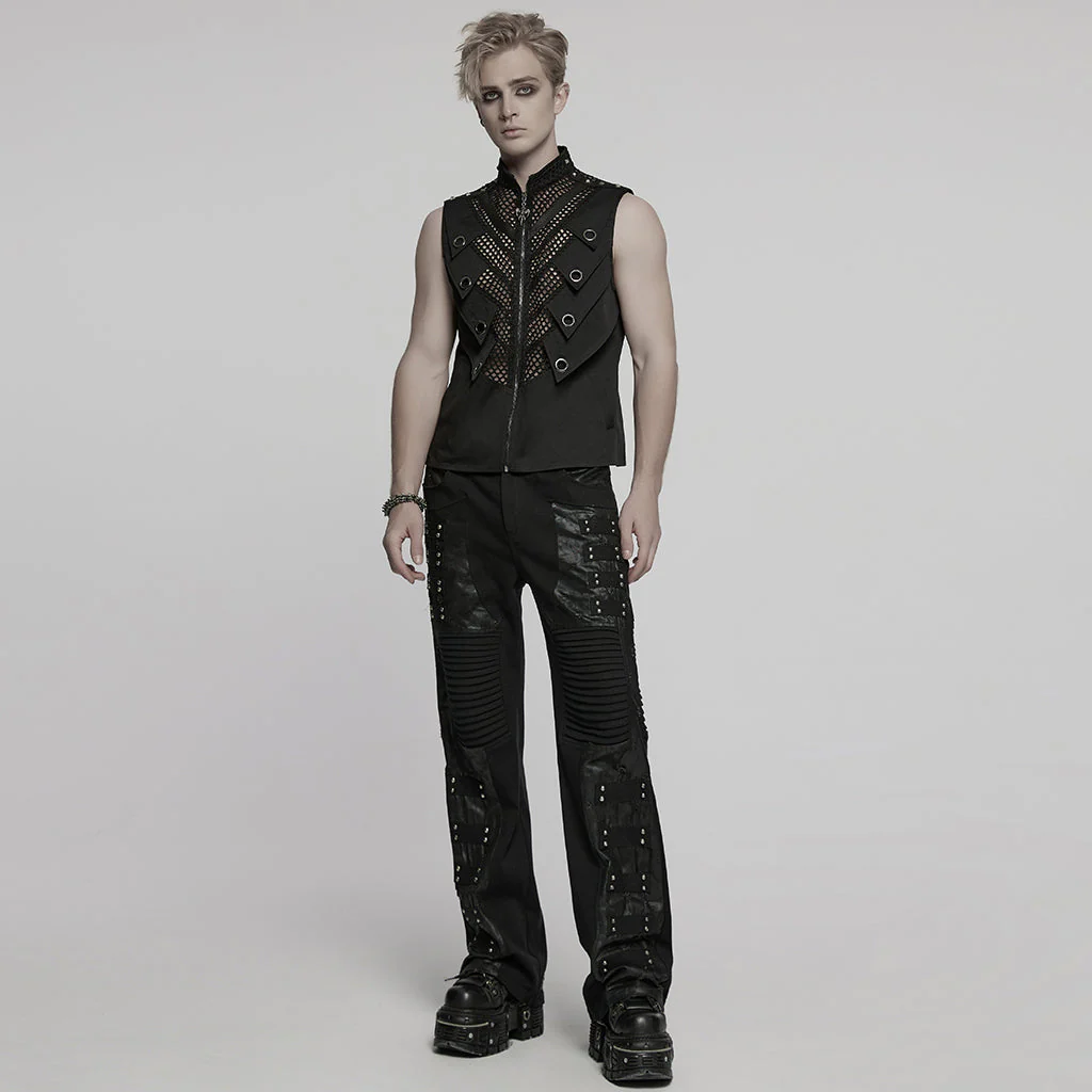 WK-713XCM Mens Gothic Punk Pants with Studded Leather Panels - Image 15