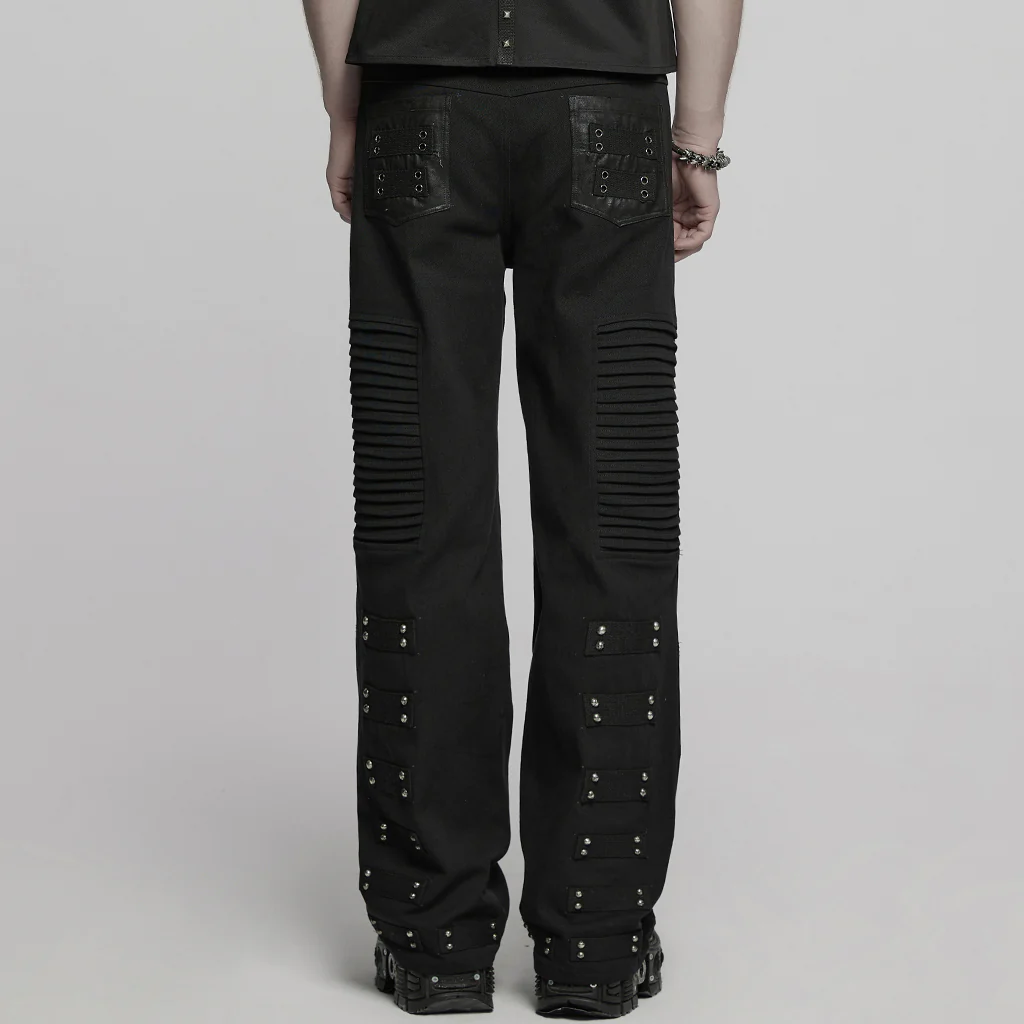 WK-713XCM Mens Gothic Punk Pants with Studded Leather Panels - Image 4