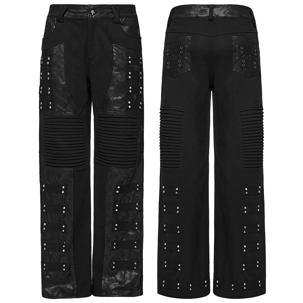 WK-713XCM Mens Gothic Punk Pants with Studded Leather Panels - Image 6