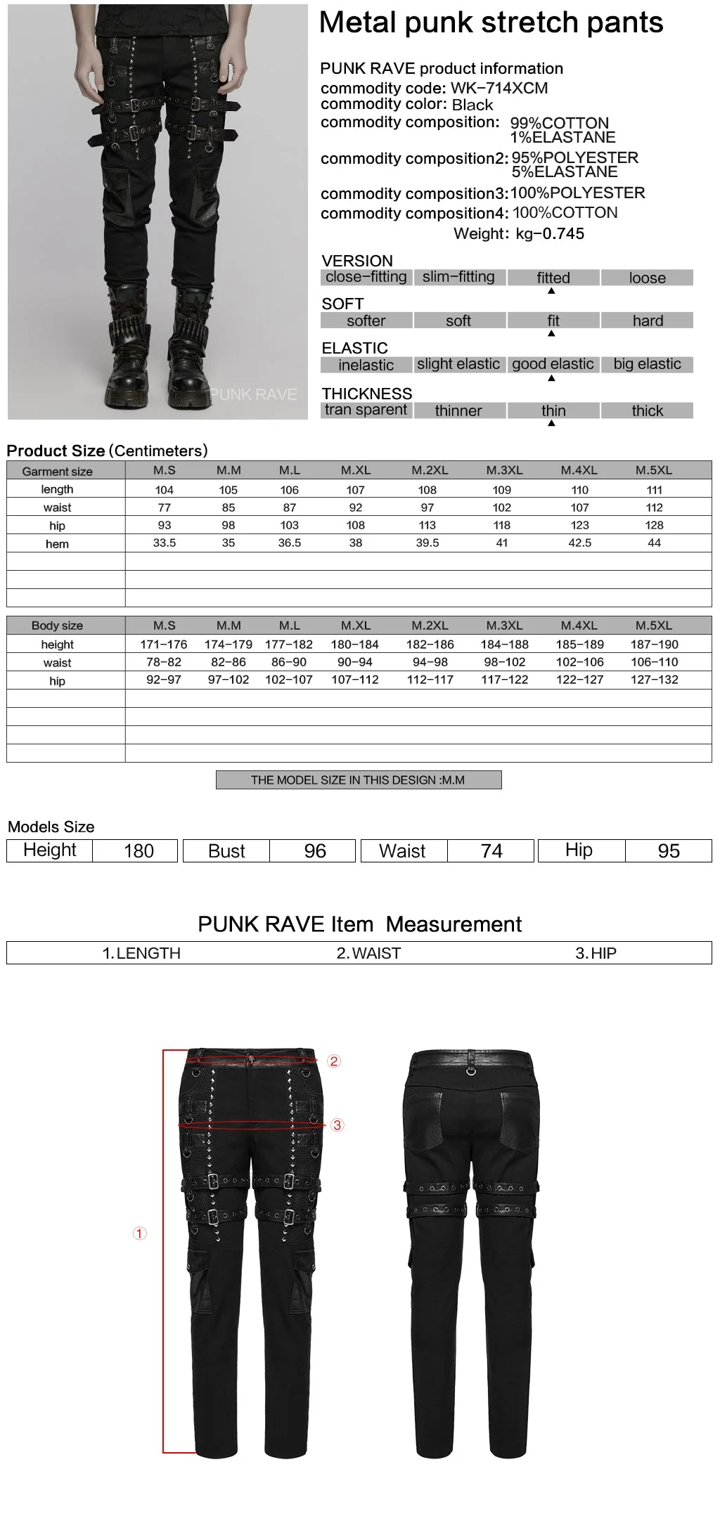 WK-714XCM Mens Black Buckle Strap Punk Pants with Studded Details - Image 12