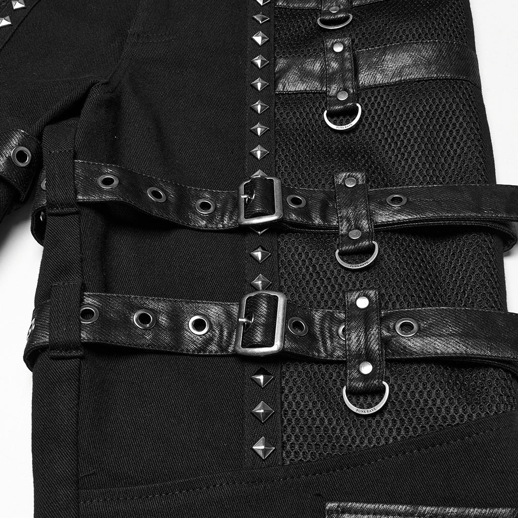 WK-714XCM Mens Black Buckle Strap Punk Pants with Studded Details - Image 18