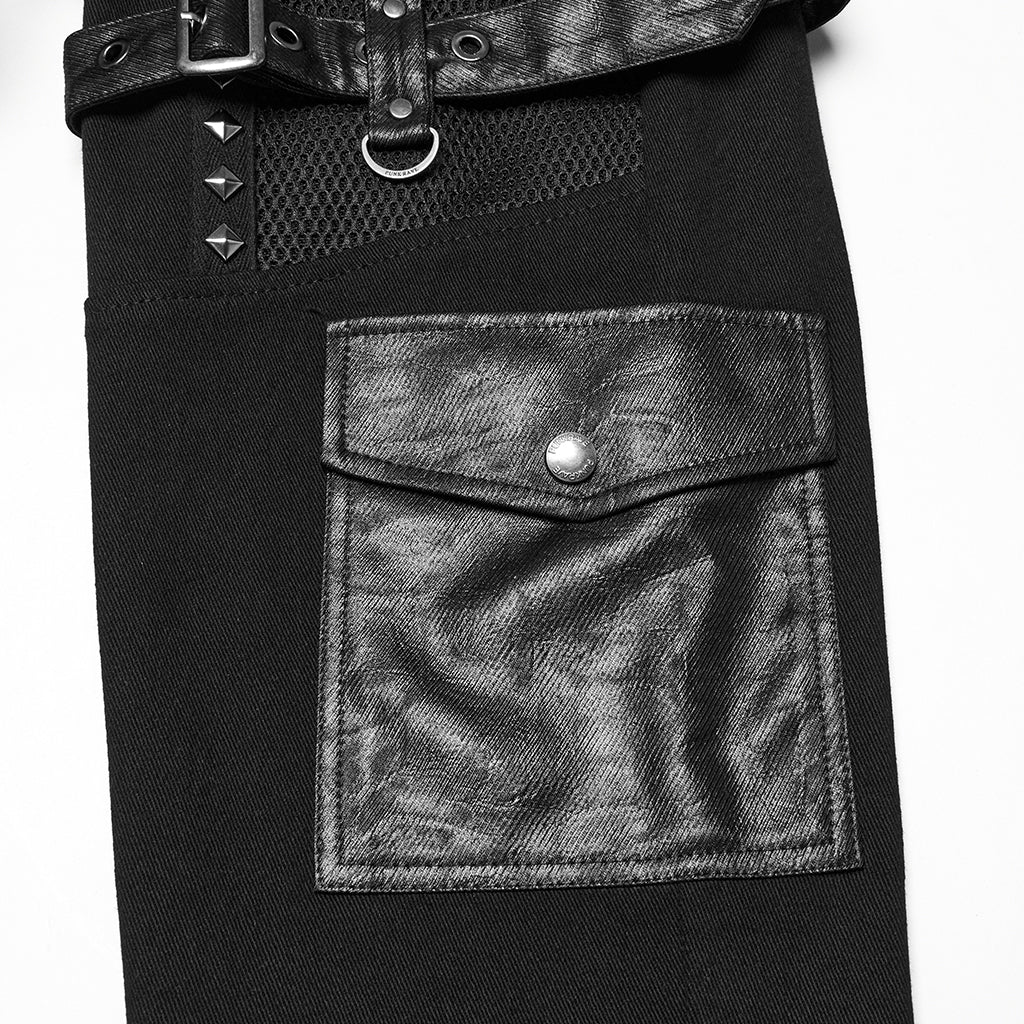 WK-714XCM Mens Black Buckle Strap Punk Pants with Studded Details - Image 19