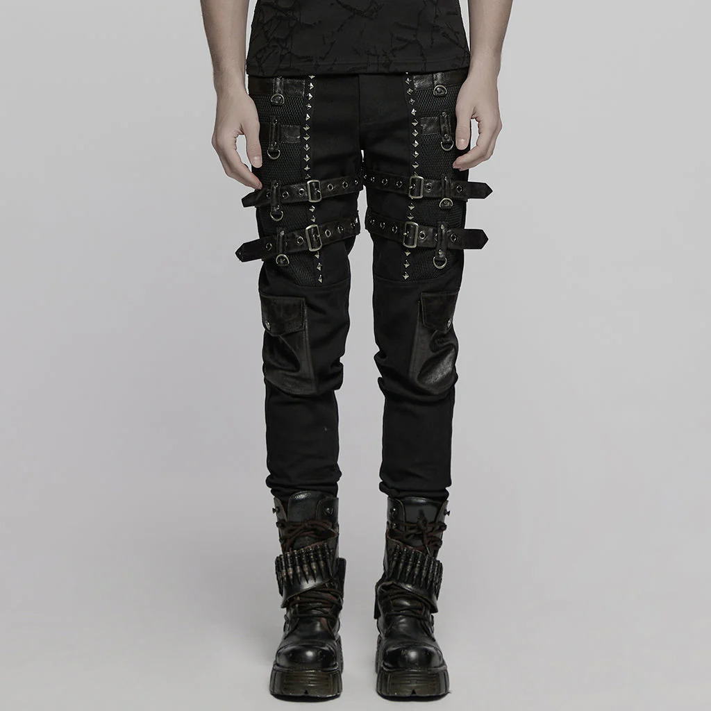 WK-714XCM Mens Black Buckle Strap Punk Pants with Studded Details - Image 21