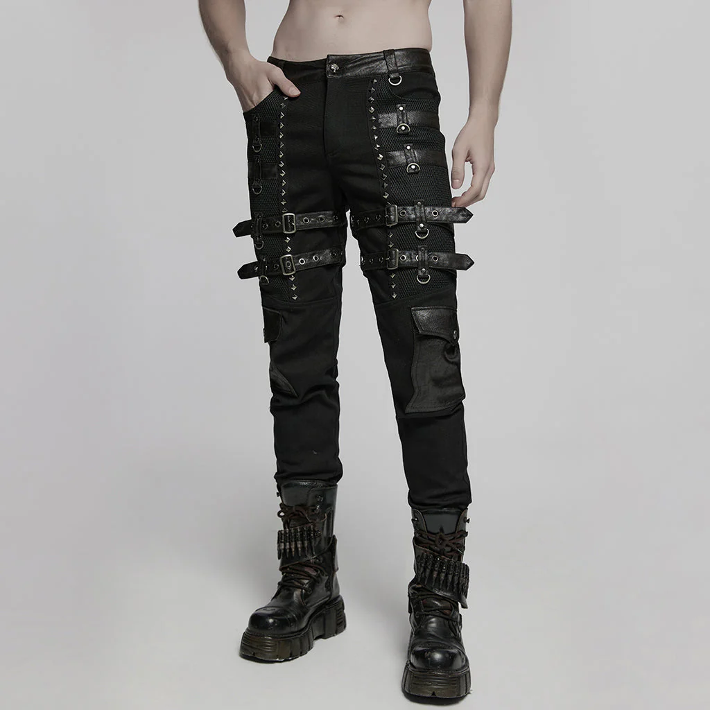 WK-714XCM Mens Black Buckle Strap Punk Pants with Studded Details - Image 23