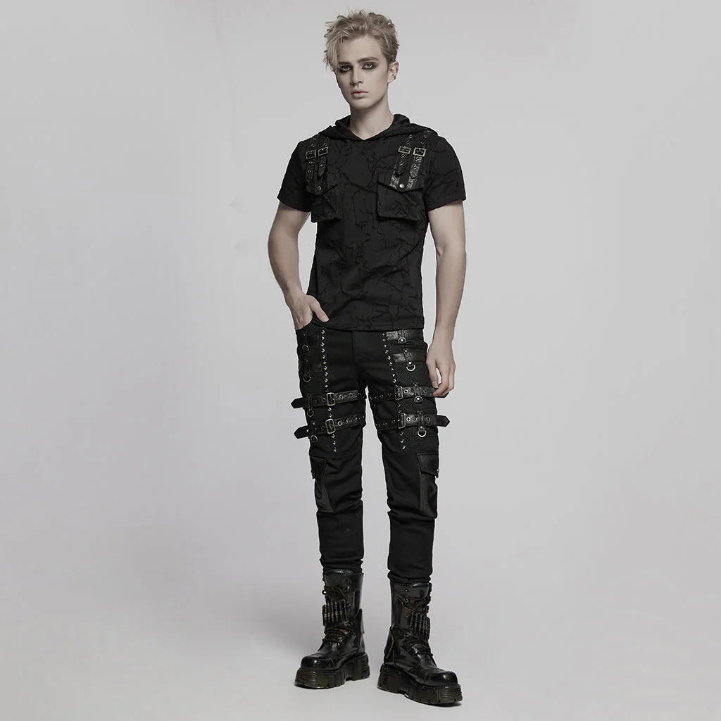 WK-714XCM Mens Black Buckle Strap Punk Pants with Studded Details - Image 25