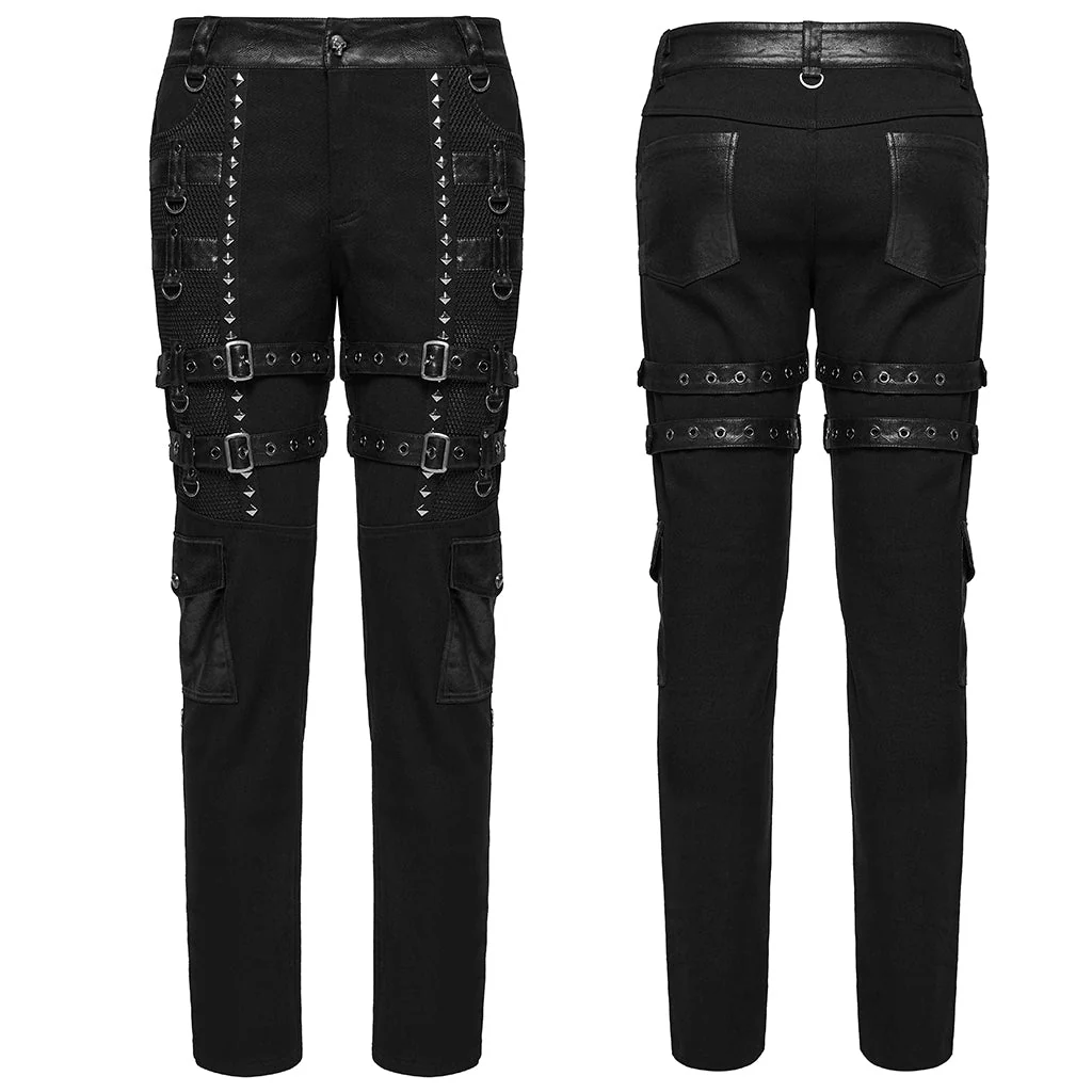 WK-714XCM Mens Black Buckle Strap Punk Pants with Studded Details - Image 26