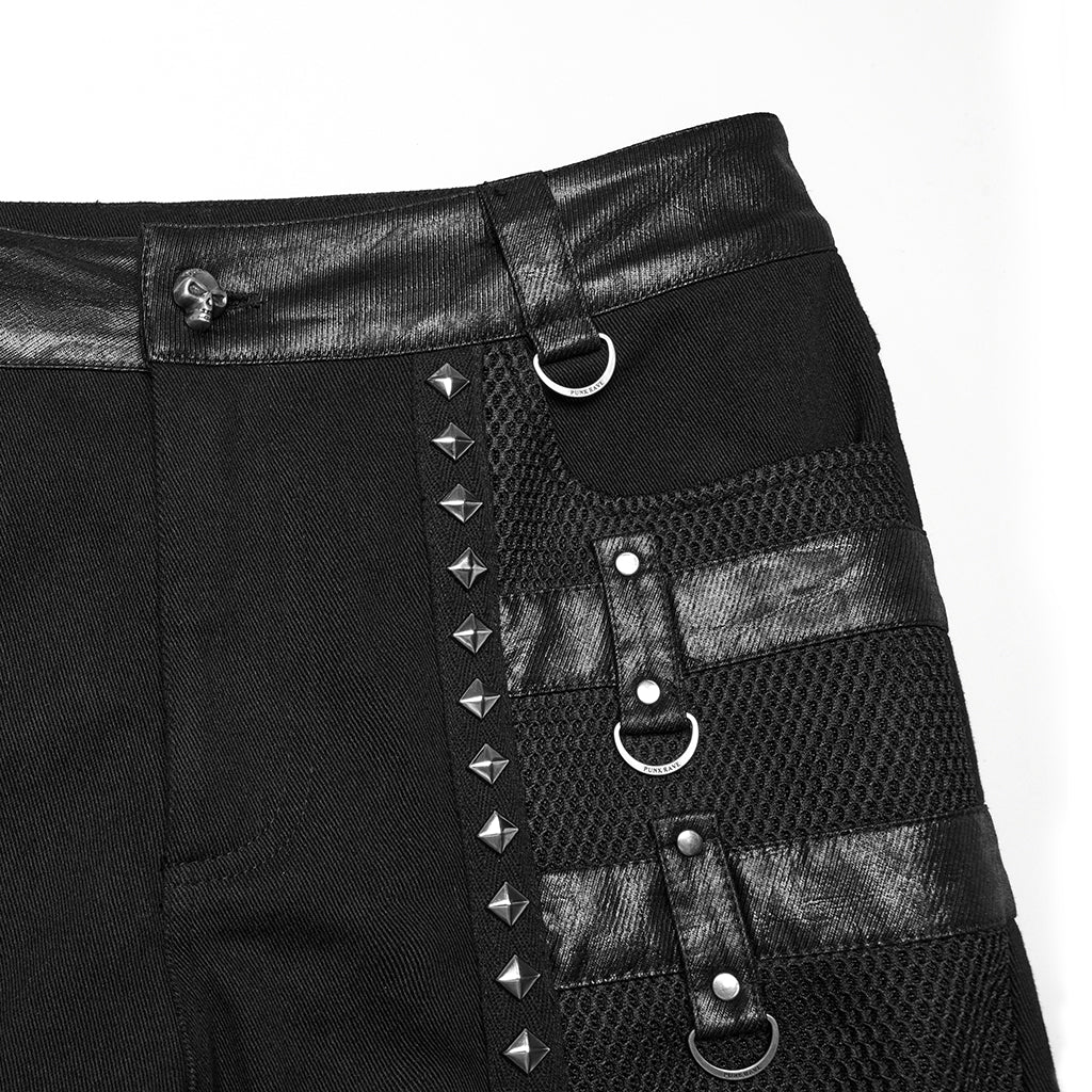 WK-714XCM Mens Black Buckle Strap Punk Pants with Studded Details - Image 7