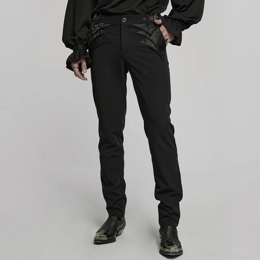 WK-717XCM Edgy Black Gothic Punk Pants with Lace Panel Details