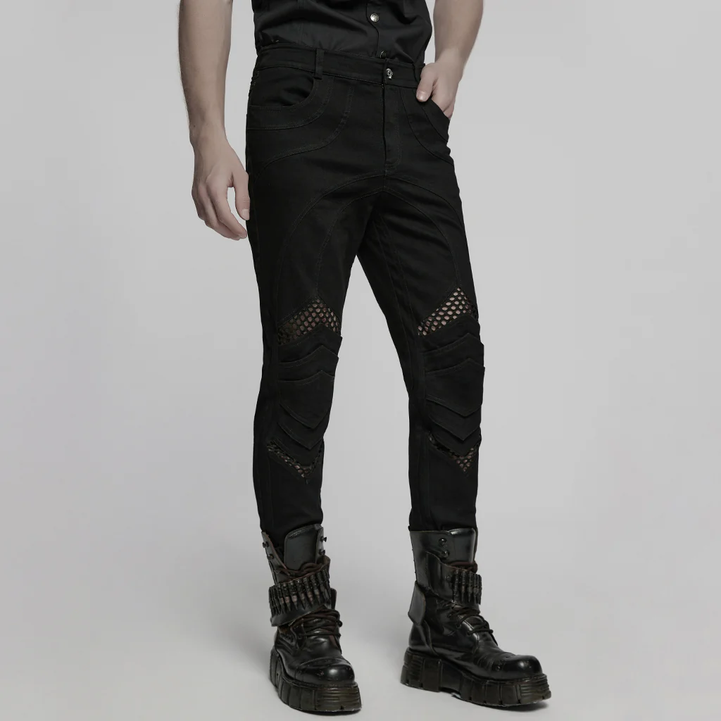 WK-718NCM Gothic Mesh Panel Black Punk Pants with Unique Stitching - Image 3
