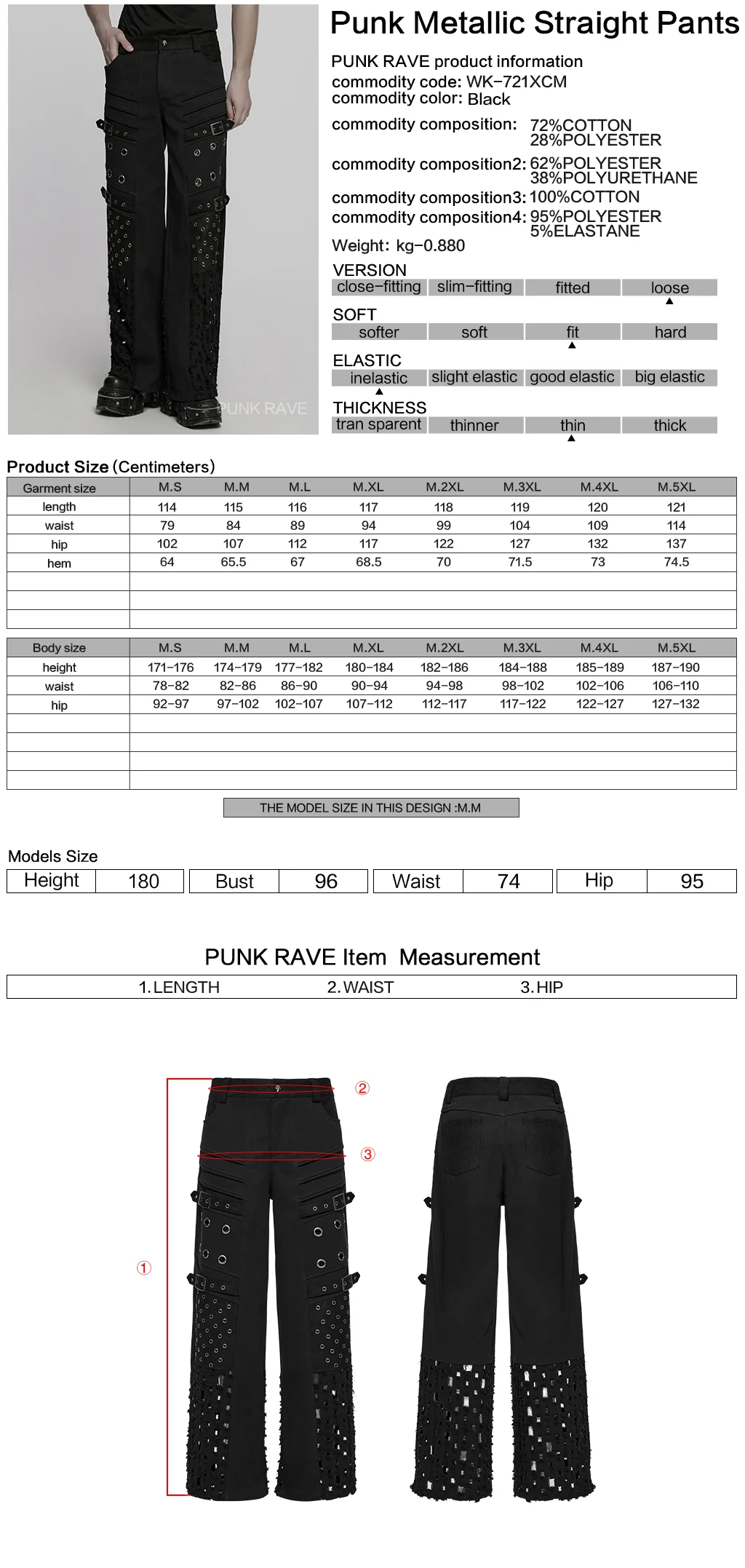WK-721XCM Mens Grommet Buckle Strap Punk Pants Gothic Style Fashion - Image 2
