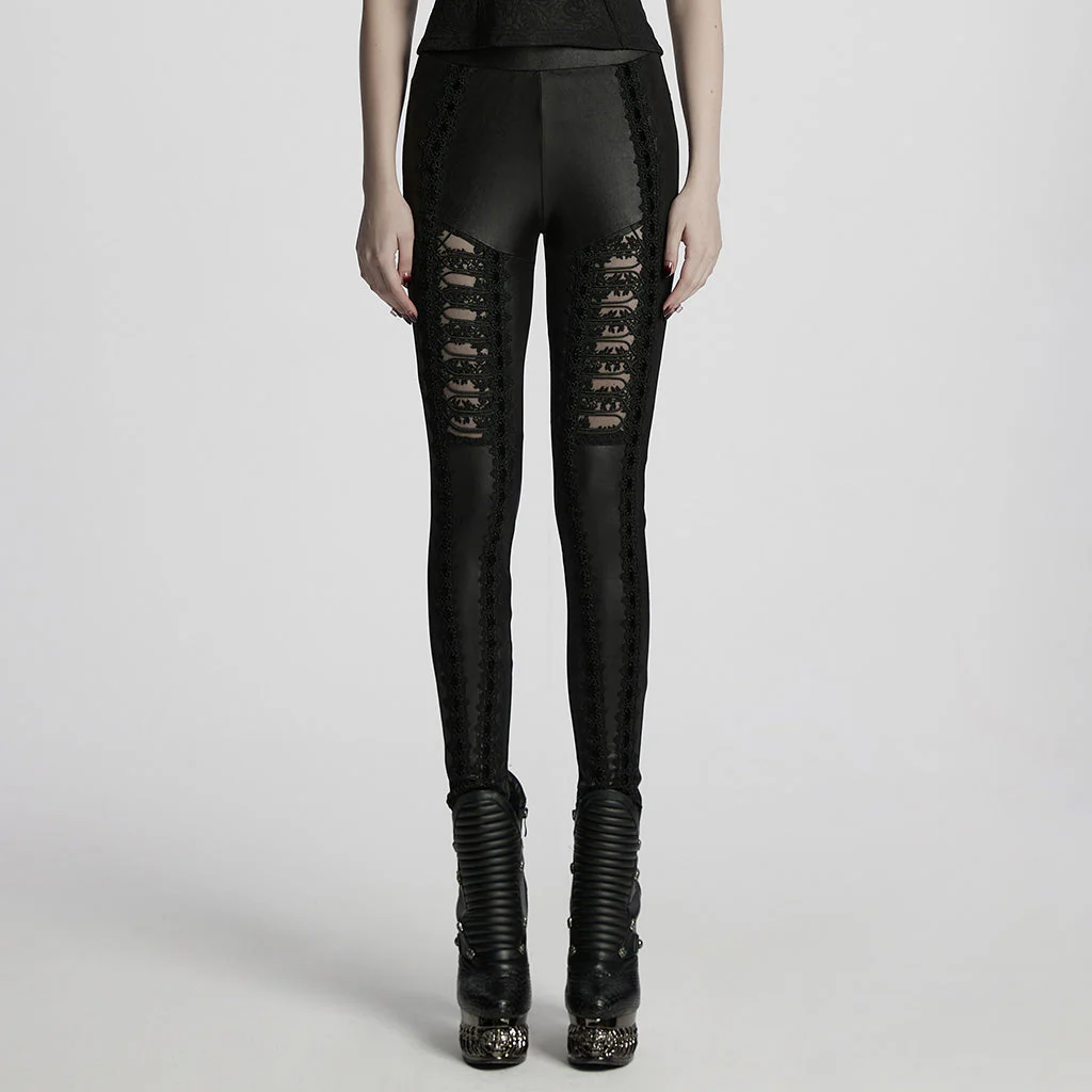 WK-722DDF Gothic Pants Black Lace Cutout High Waist Leggings - Image 20