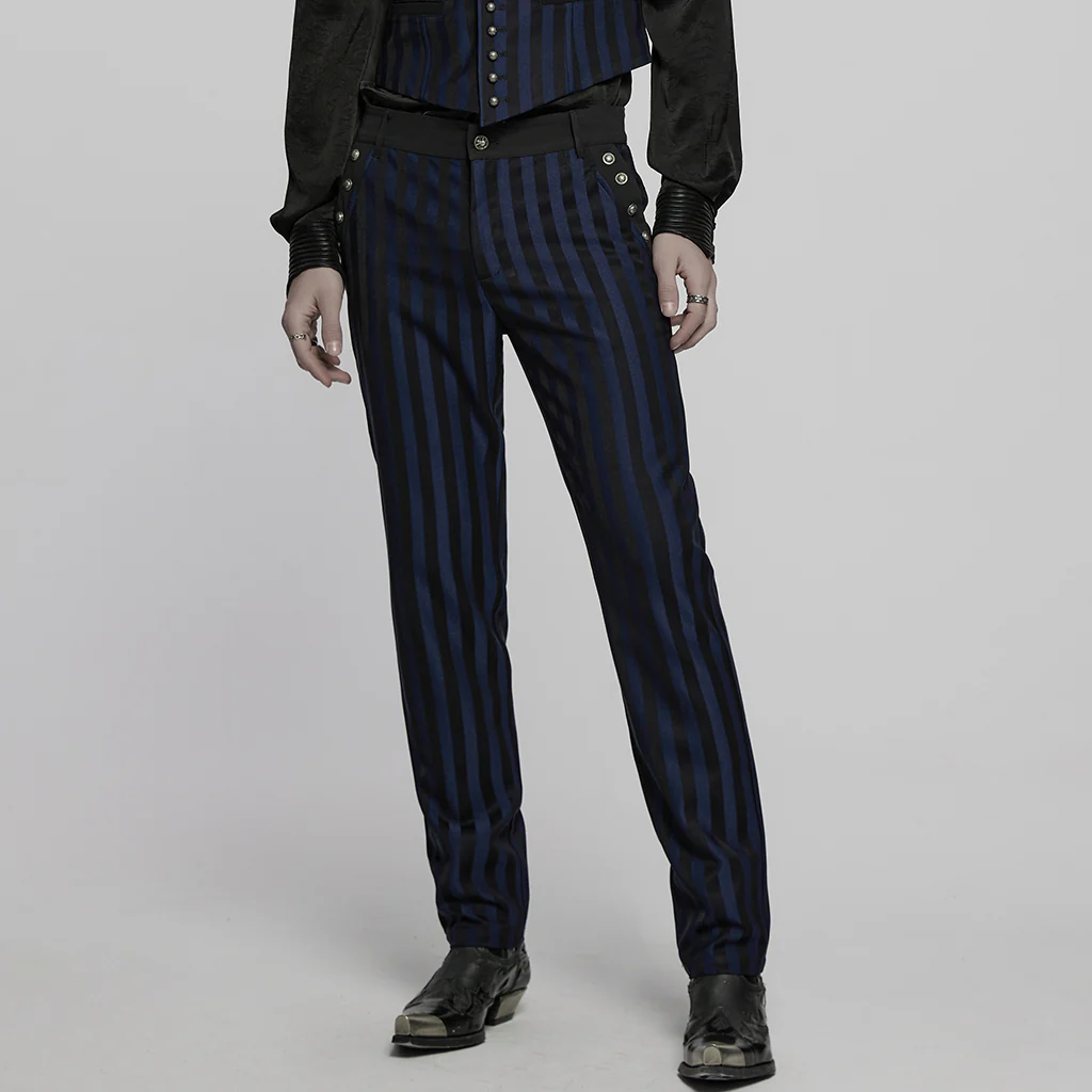 WK-723XCM Mens Gothic Striped Slim-Fit Steampunk Trousers - Image 23