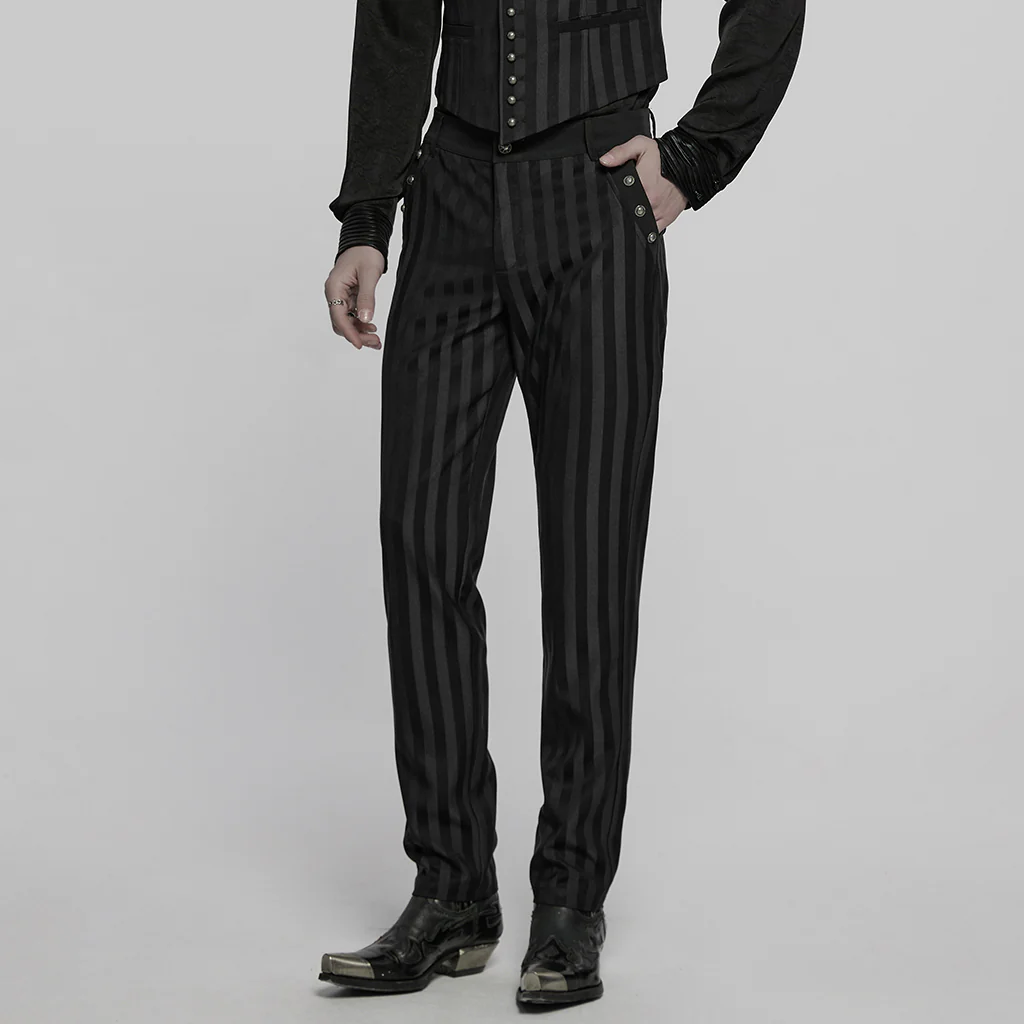 WK-723XCM Mens Gothic Striped Slim-Fit Steampunk Trousers - Image 3
