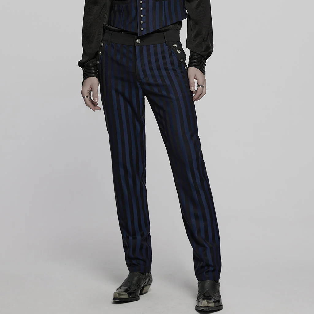 WK-723XCM Mens Gothic Striped Slim-Fit Steampunk Trousers - Image 78