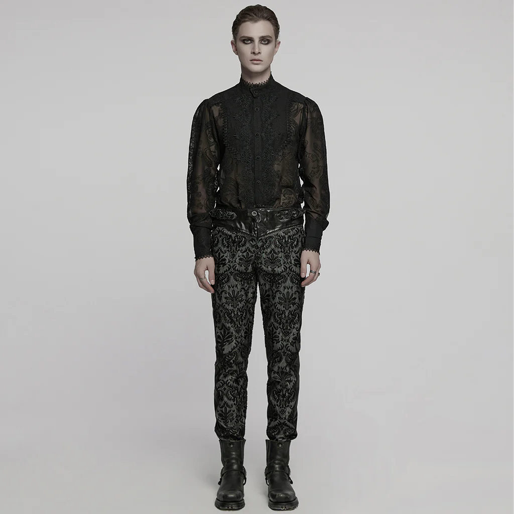 WK-725XCM Gothic Pants Black Lace Velvet Brocade High Waist Trousers - Image 6