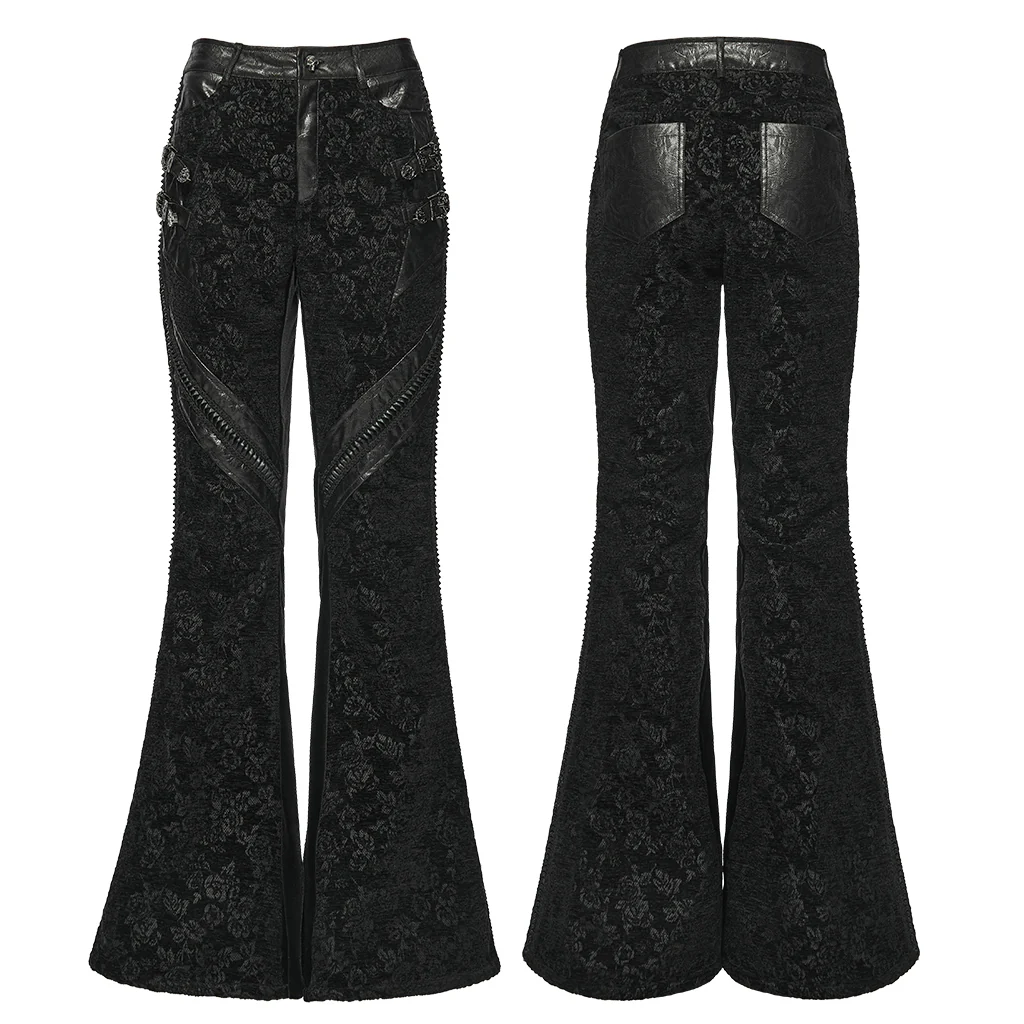 WK-729XCF Gothic Pants Black Brocade Flare High-Waisted Zipper Buckle Design - Image 6