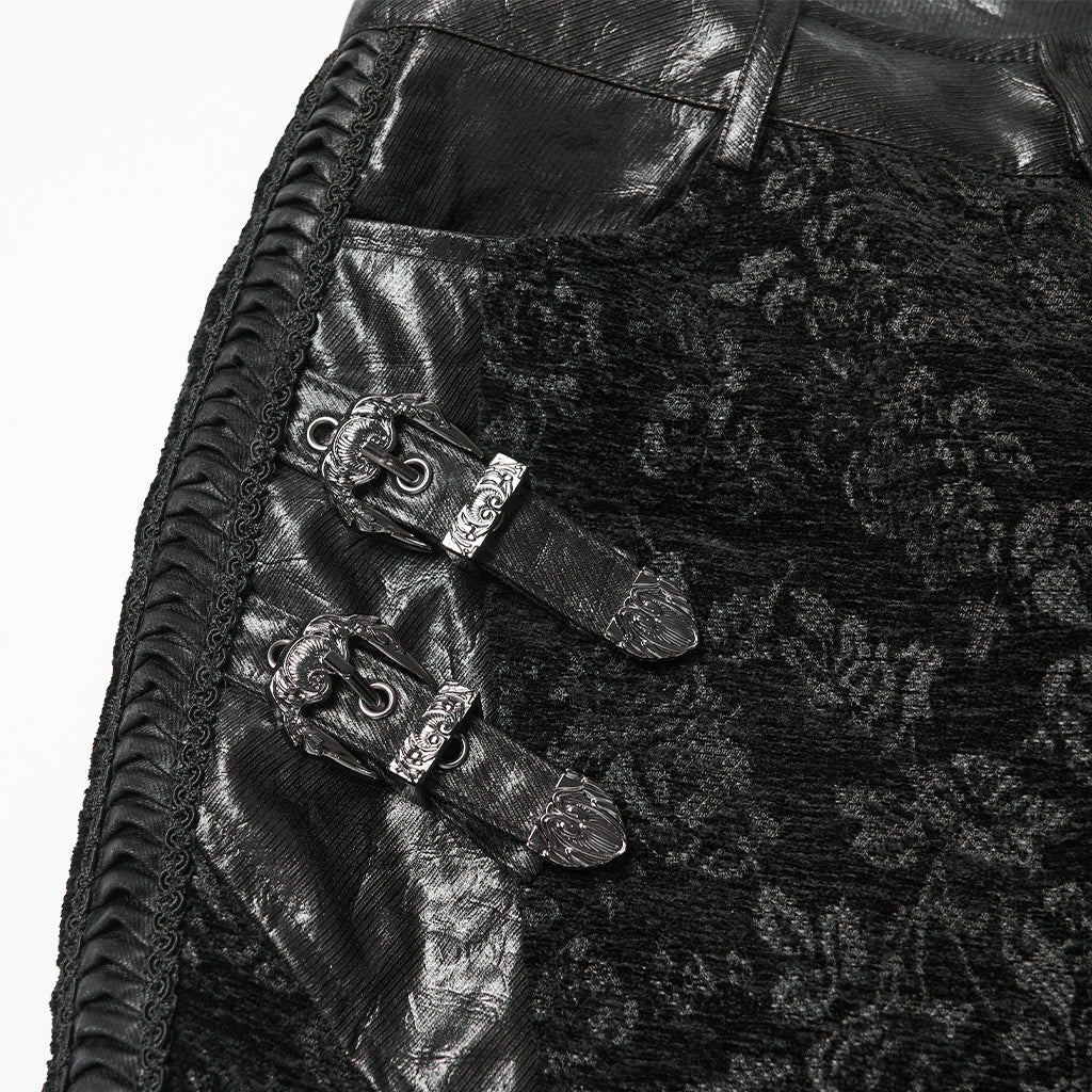 WK-729XCF Gothic Pants Black Brocade Flare High-Waisted Zipper Buckle Design - Image 8