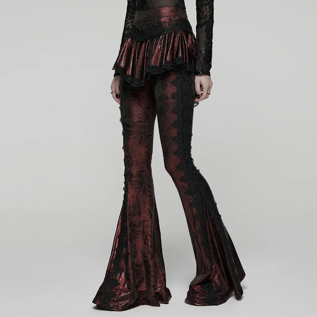 WK-731XCF Gothic Pants Flare Lace Overlay Metallic Burgundy Design - Image 3