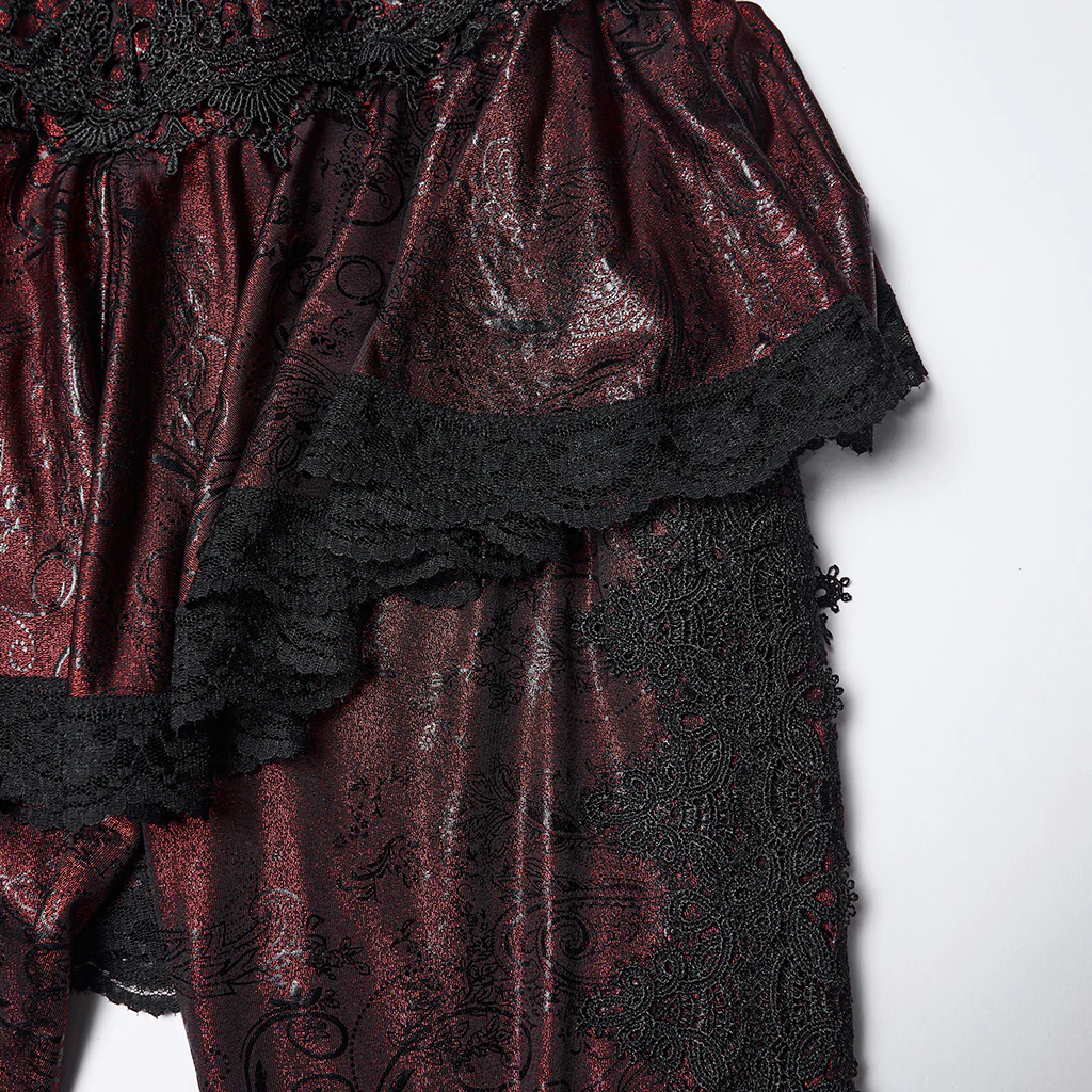 WK-731XCF Gothic Pants Flare Lace Overlay Metallic Burgundy Design - Image 8