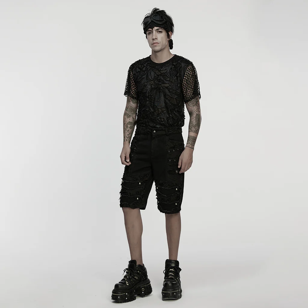 WK-733XDM Edgy Distressed Knee-Length Punk Pants with Studded Details - Image 5