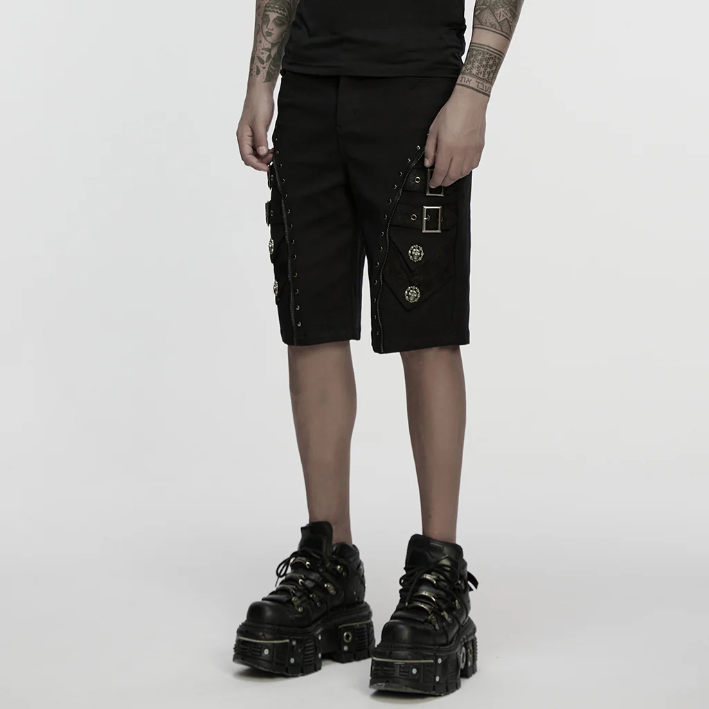 WK-735XDM Mens Gothic Buckle Studded Cargo Punk Pants Shorts - Image 4