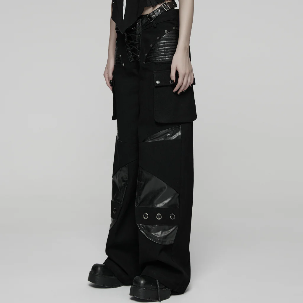 WK-742XCF Gothic High-Waist Punk Pants with Faux Leather and Rivet Details - Image 3