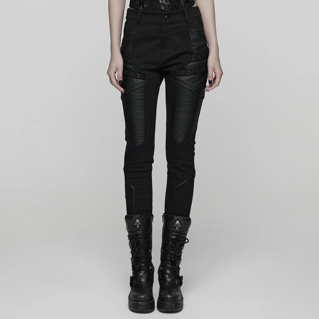 WK-744XCF Womens Black Slim Fit Rivet Punk Pants Motorcycle Style